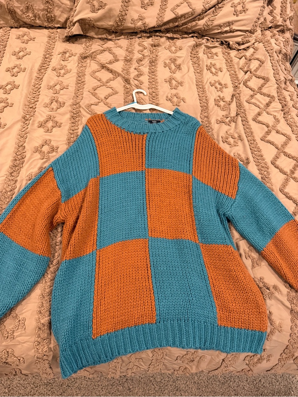 Dressed in LALA Teal & Rust Checkered Crewneck Sweater